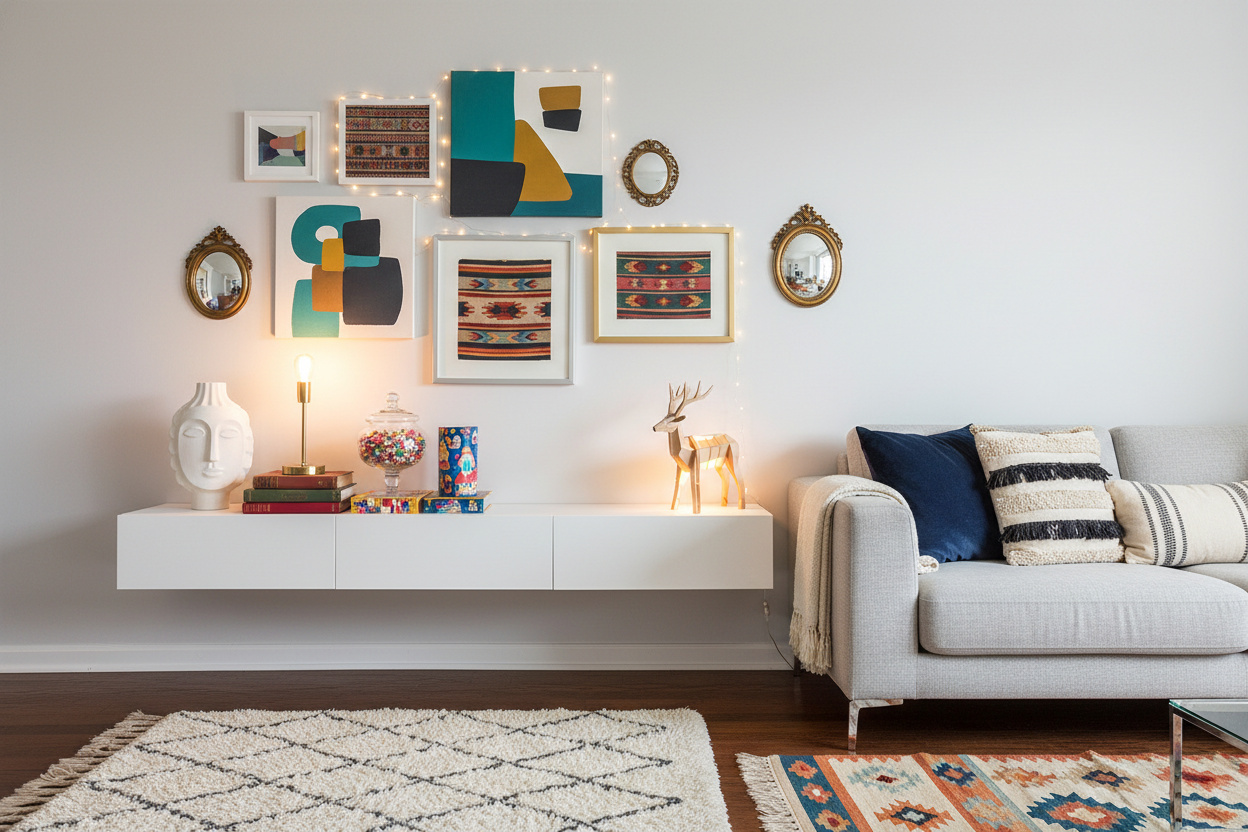 Modern living room with unique home decor ideas featuring eclectic art, cozy textiles, and creative lighting accents