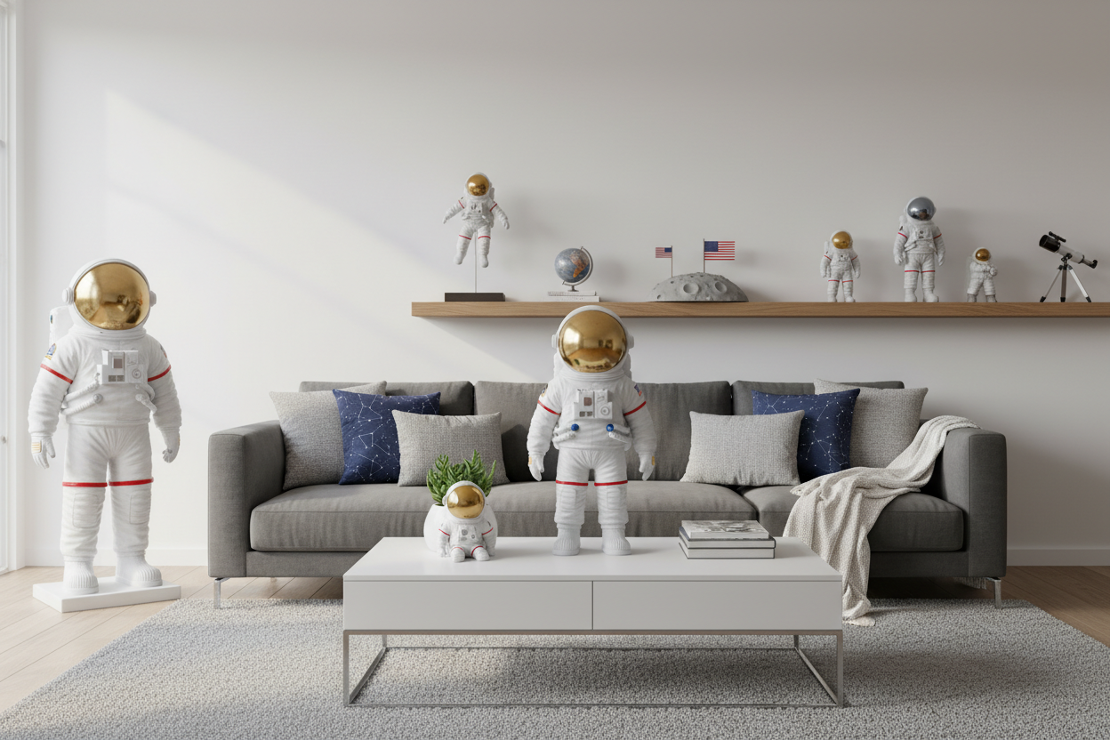 Modern living room featuring astronaut home decor accents and playful space-themed design inspiration