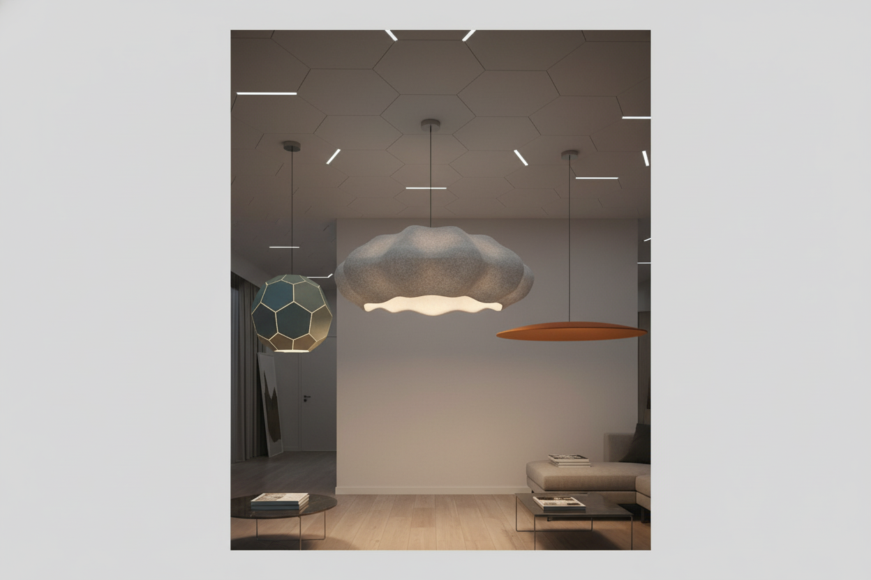 Modern living room with stylish acoustic light fixture designs for contemporary home decor inspiration