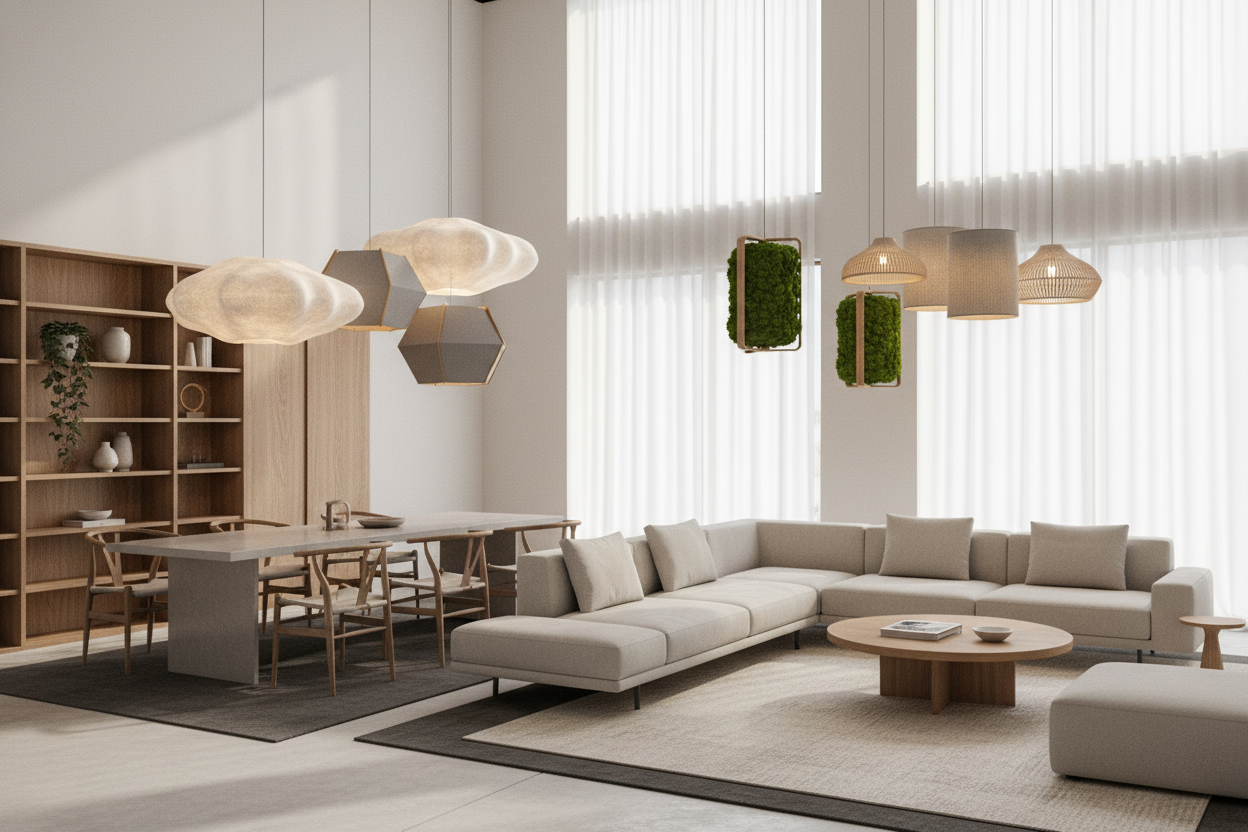 Modern living room with acoustic lighting solutions featuring stylish pendant lamps and soft neutral decor
