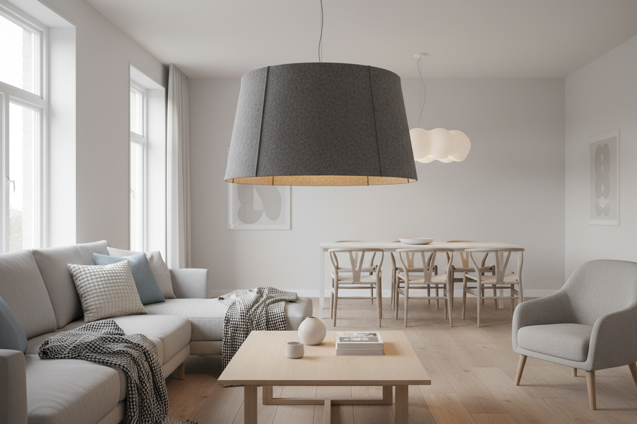 Modern living room with acoustic light pendant enhancing cozy and stylish home decor ambiance