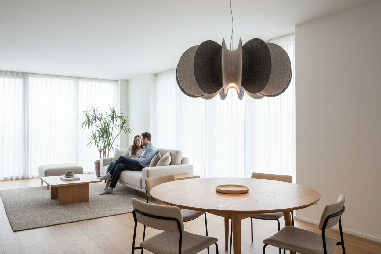 Modern living room with acoustic pendant light enhancing stylish and cozy home decor ambiance