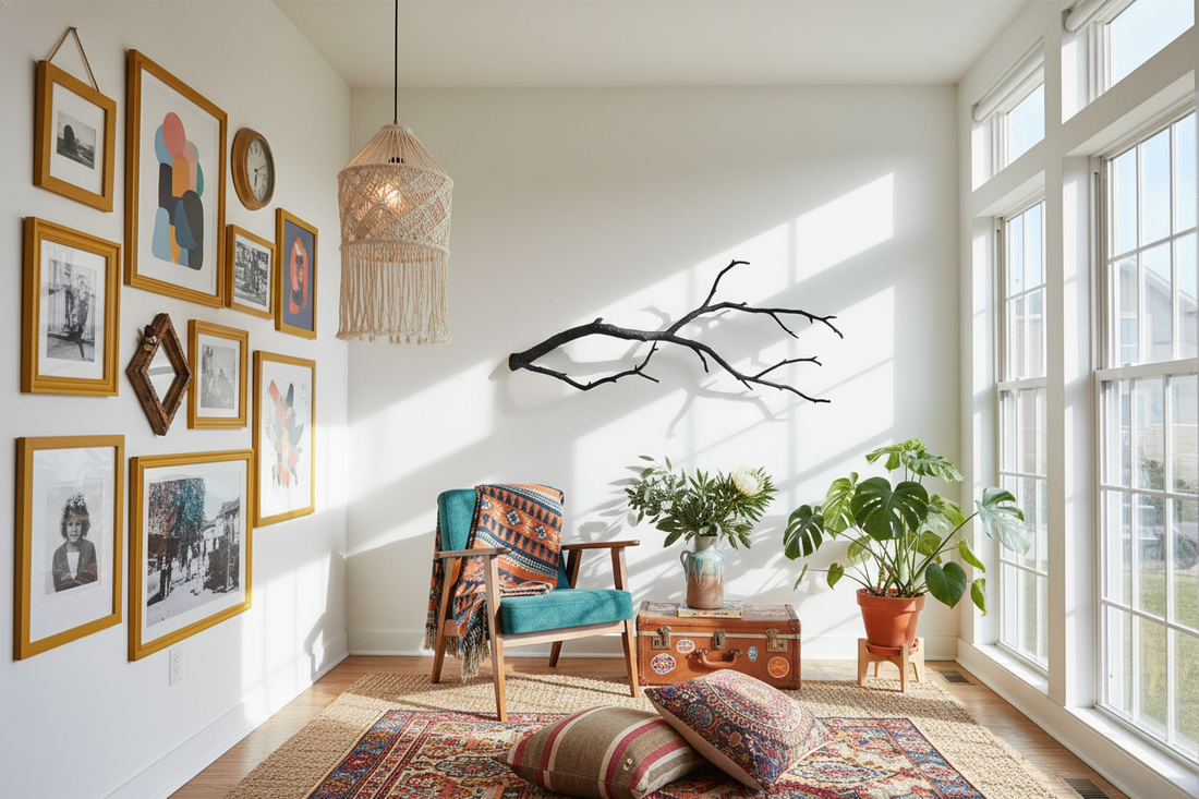 Eclectic living room showcases unique home decor ideas with gallery wall art, vintage accents, and cozy textiles