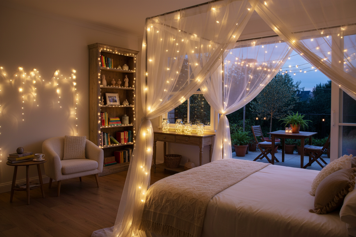 Cozy bedroom decorated with string lights for a warm, inviting ambiance and modern home decor inspiration