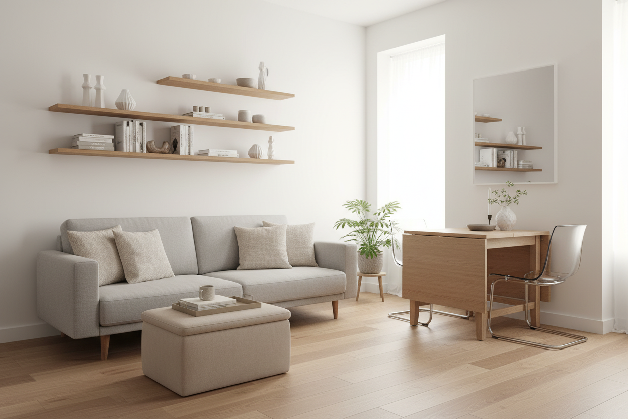 Modern living room showcasing small space furniture ideas with multifunctional sofa, ottoman, and compact dining table