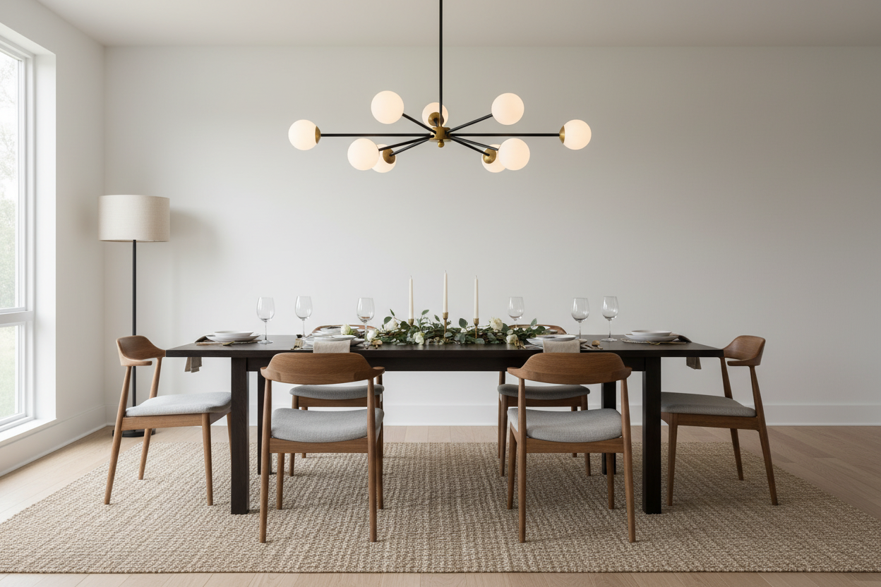 Modern dining room lighting ideas featuring a sleek chandelier and minimalist decor for stylish homes