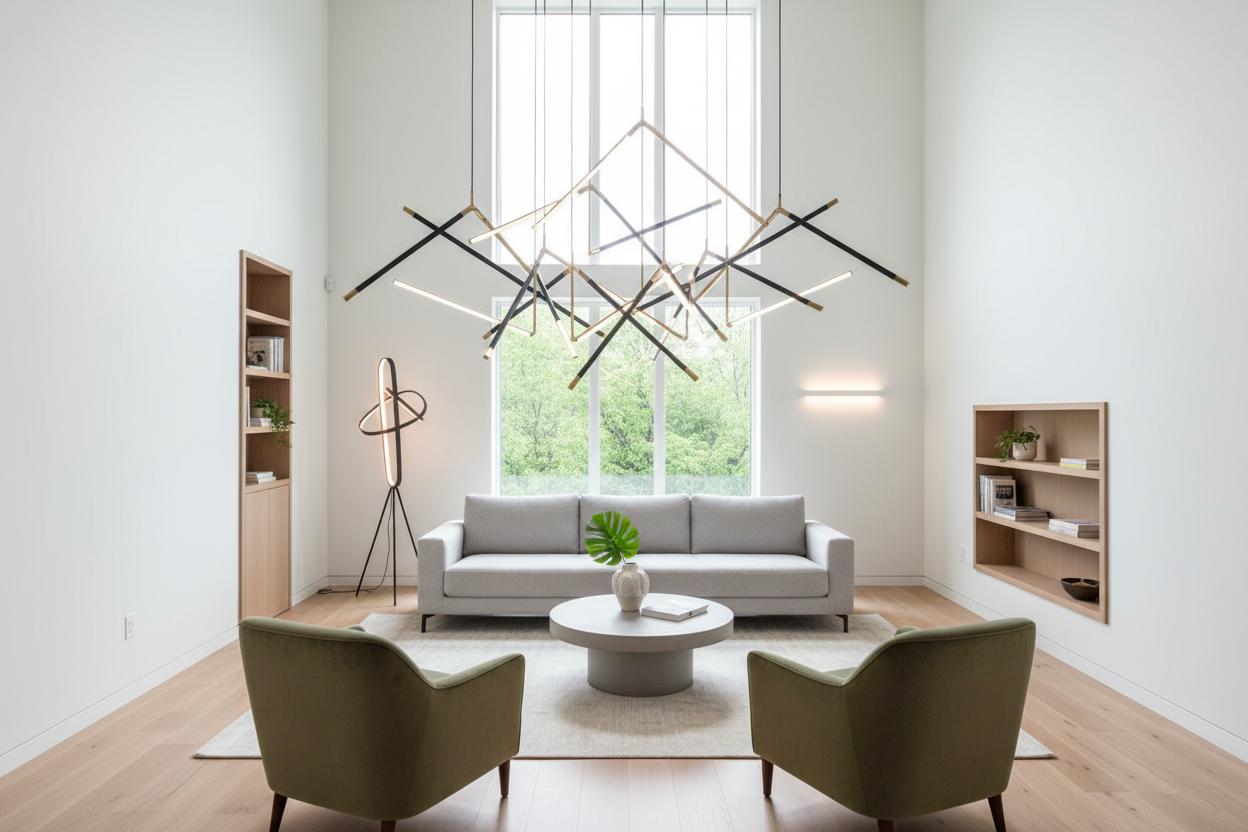 Modern lighting design ideas featuring sculptural chandeliers and minimalist fixtures in a stylish living room