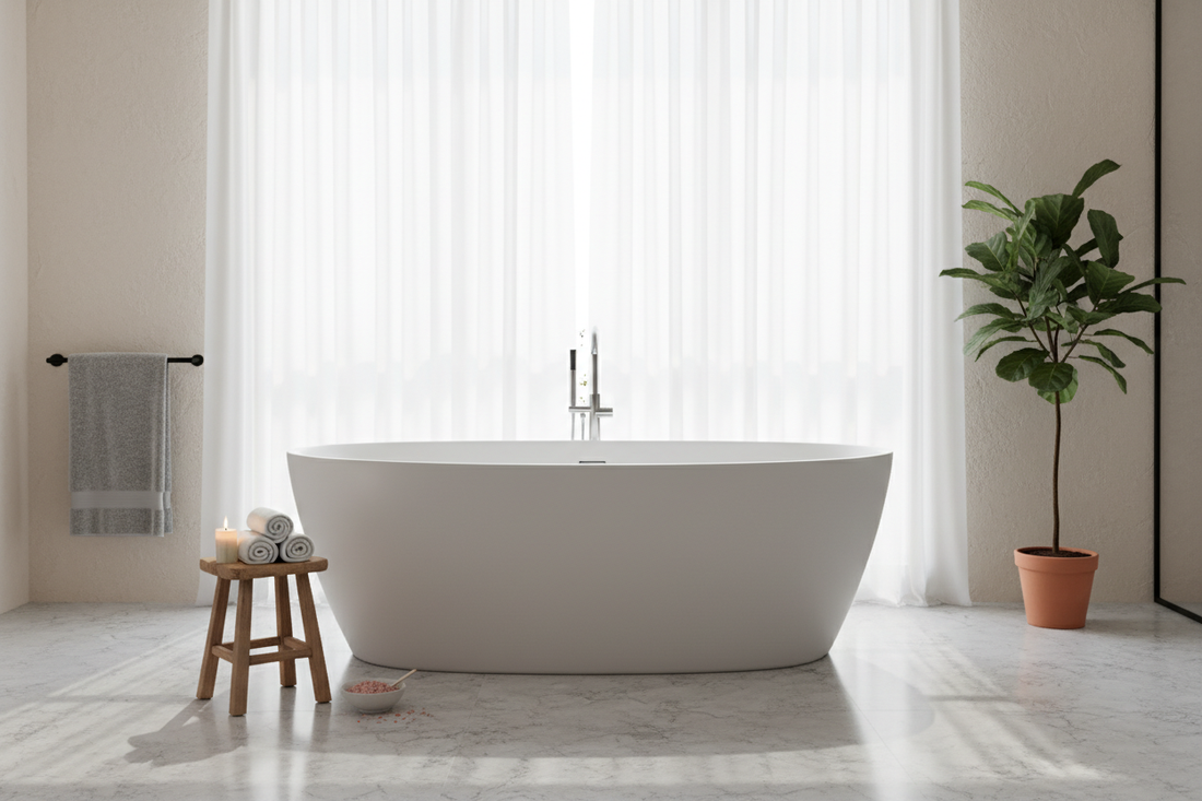 Modern bathroom with a luxury freestanding bathtub, spa accessories, and natural light for elegant home inspiration