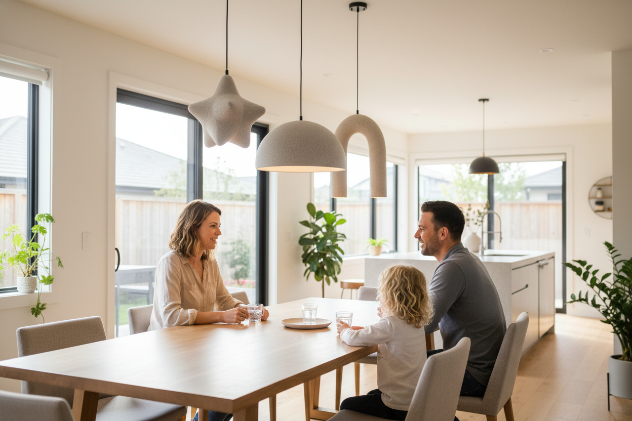 Modern dining room with a family enjoying conversation under stylish acoustic pendant light fixtures