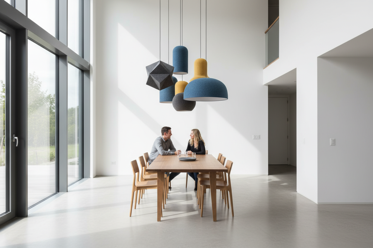 Modern dining room with acoustic pendant lighting enhancing style and sound comfort for home decor shoppers