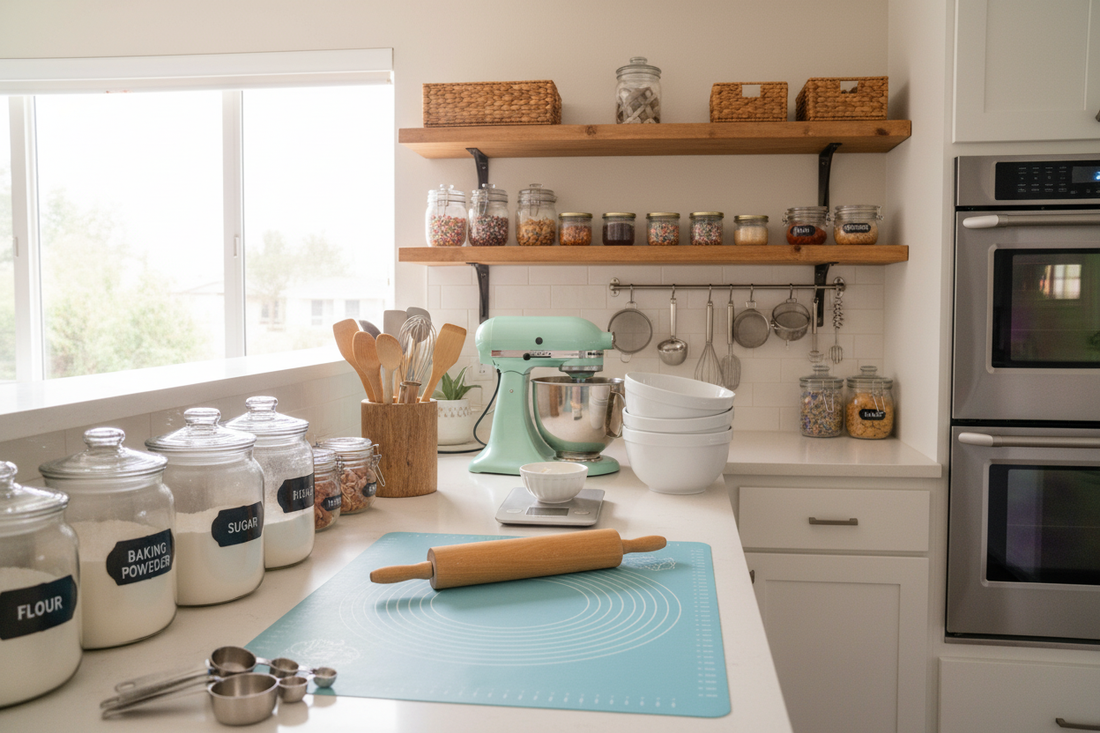 Modern kitchen countertop organized with a list of baking essentials for stylish and efficient home baking