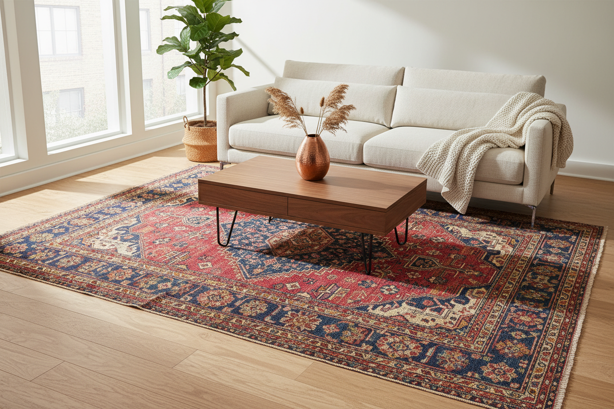 Vintage Bohemian rugs add colorful charm to modern living rooms for stylish home decor inspiration
