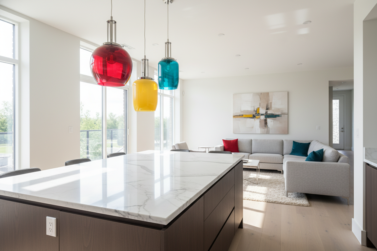Modern kitchen with colorful statement pendant lights above a marble island for stylish home decor inspiration
