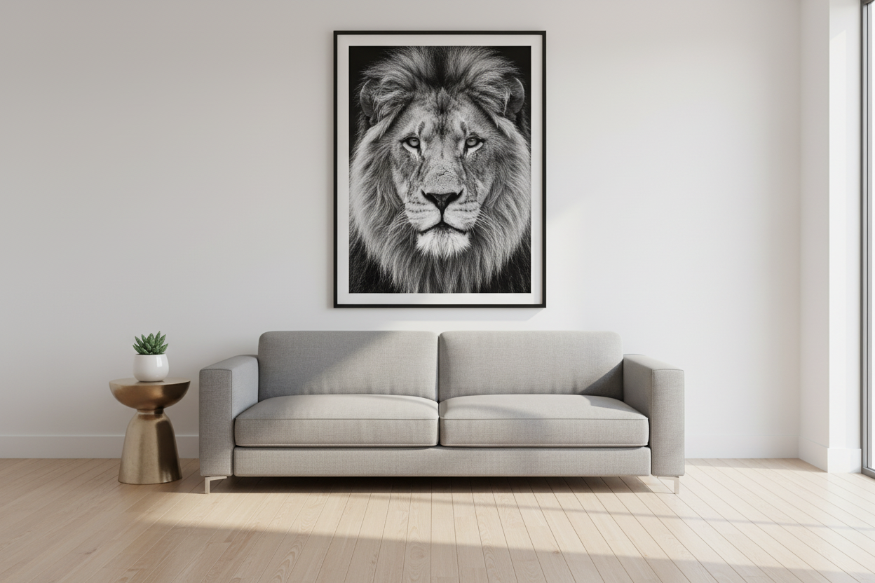 Modern living room with striking wildlife wall art decor featuring a black and white lion portrait
