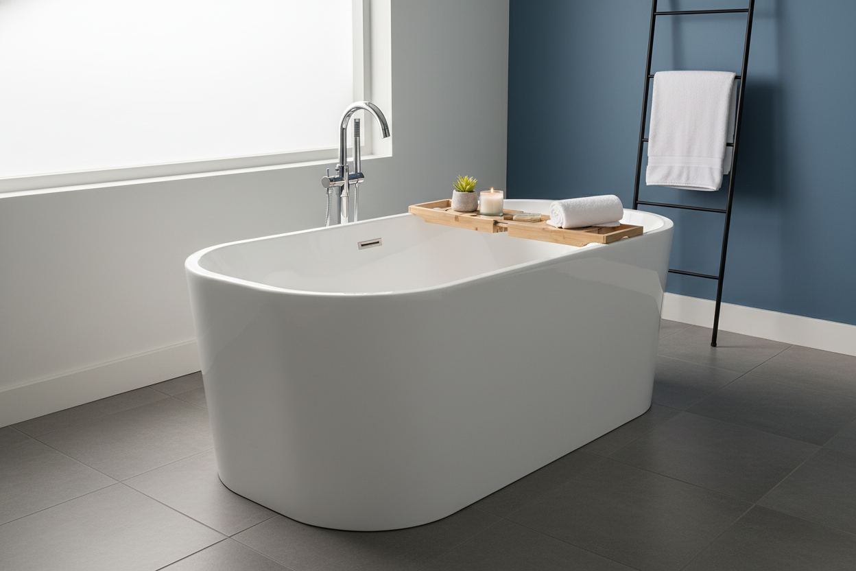 Modern acrylic freestanding tub in a stylish bathroom, perfect for relaxing home spa inspiration