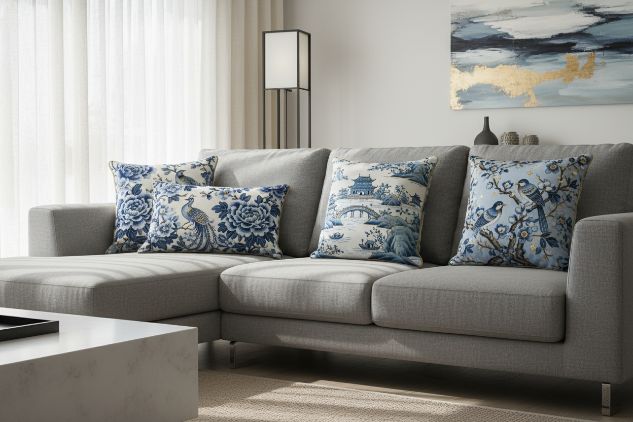 Chinoiserie pillow decor adds elegant blue and white accents to a modern living room sofa