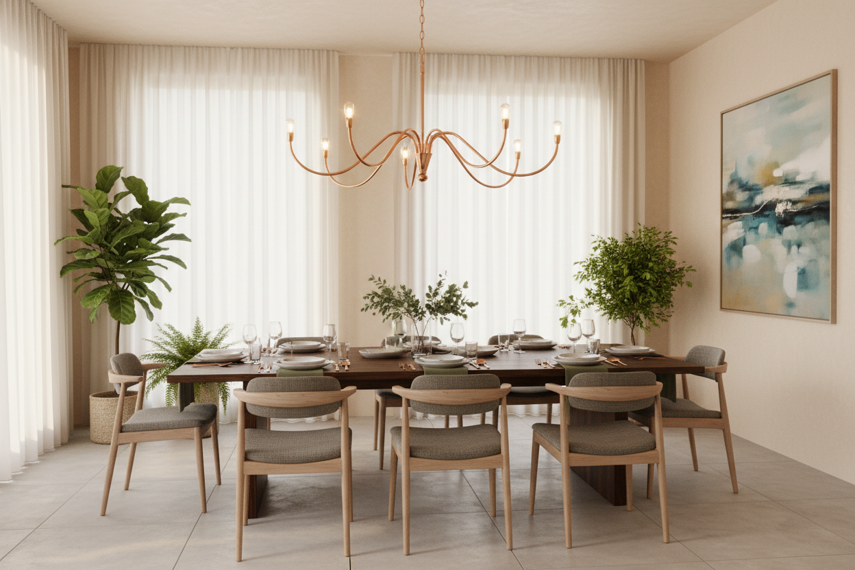 Modern dining room featuring copper chandelier lighting for elegant and affordable home decor inspiration