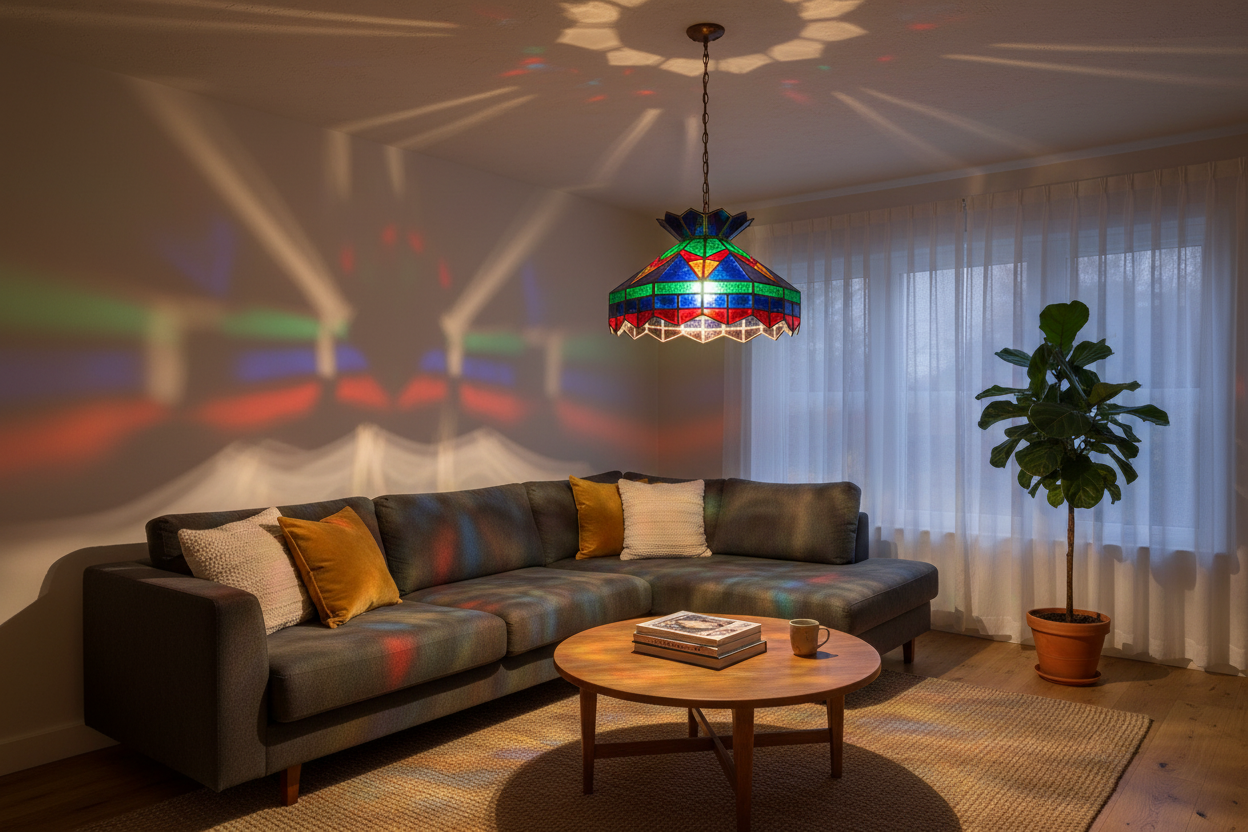 Colorful stained glass lighting ideas brighten a modern living room with cozy, artistic ambiance