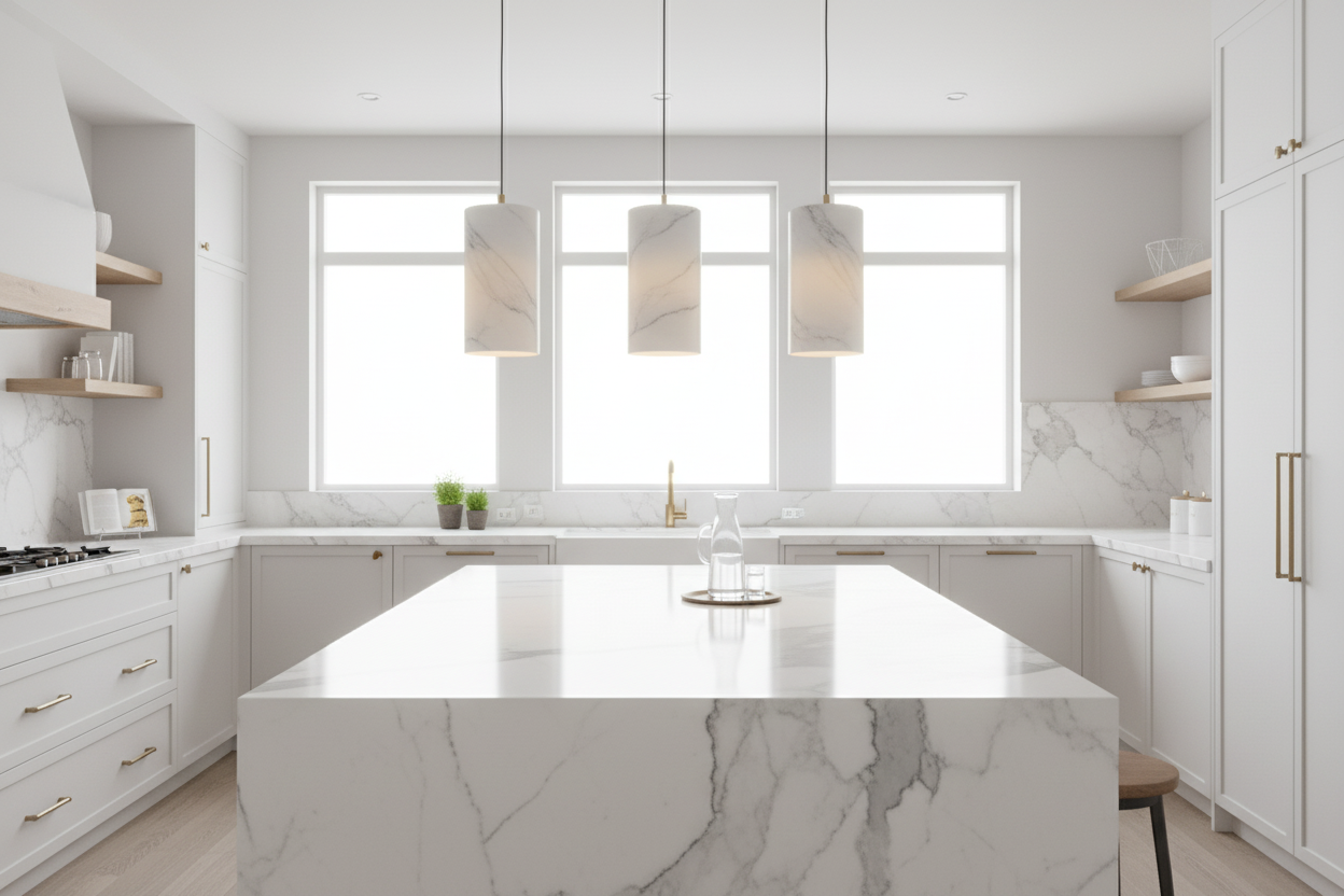Modern kitchen with marble pendant lights above a marble island for elegant home decor inspiration