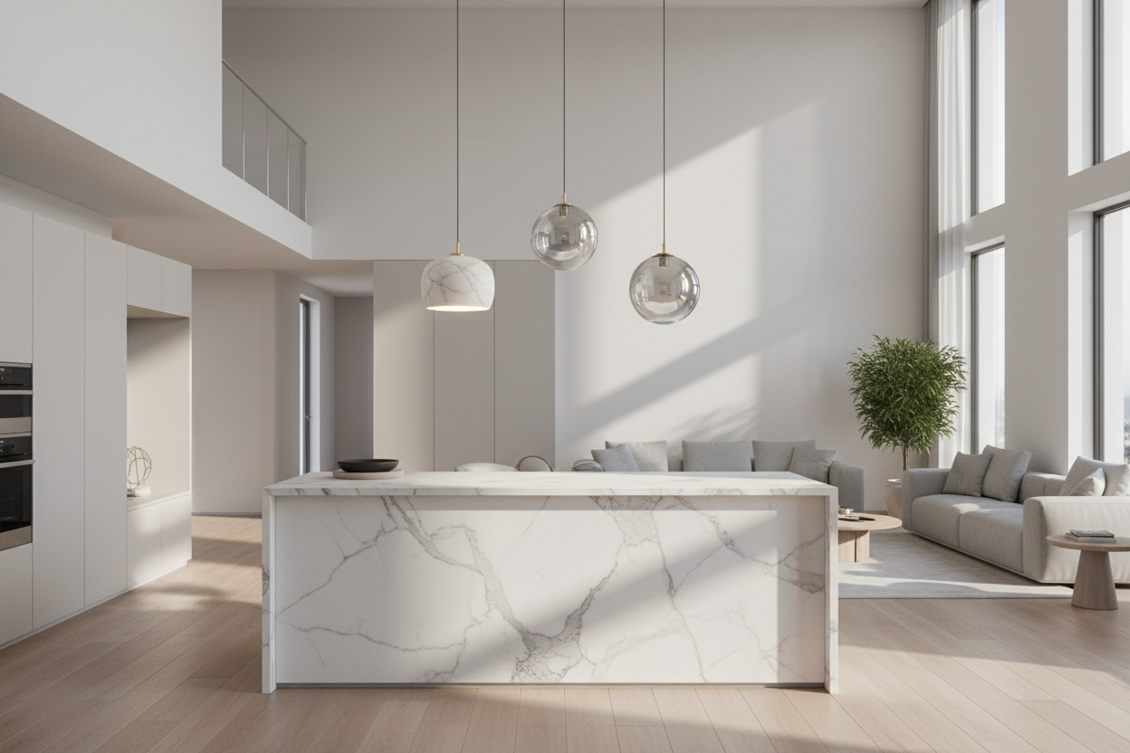 Minimalist pendant lighting enhances a modern kitchen island with sleek marble and bright natural light