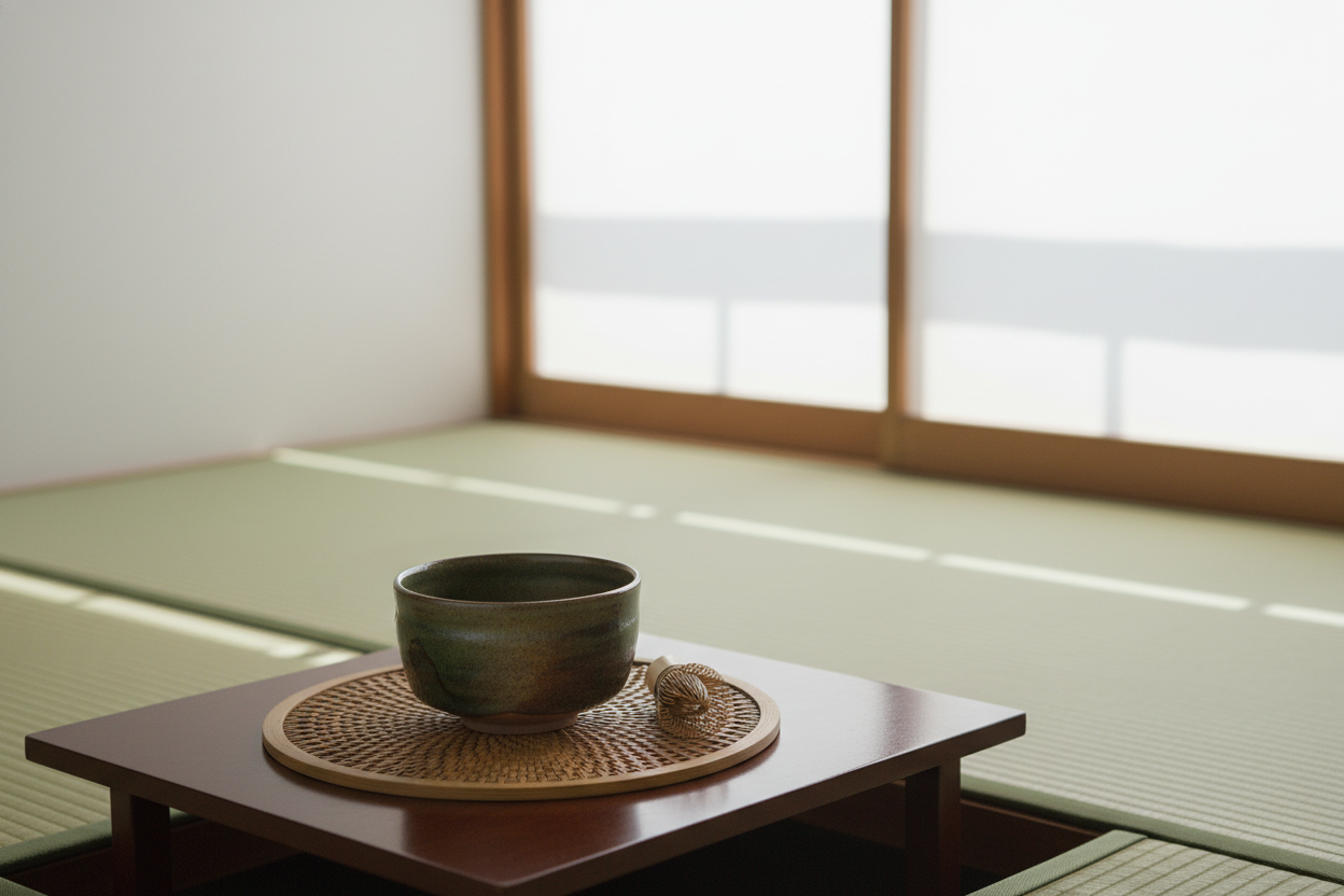 Elegant Japanese tea ceremony bowls on a woven tray, perfect for modern home decor inspiration