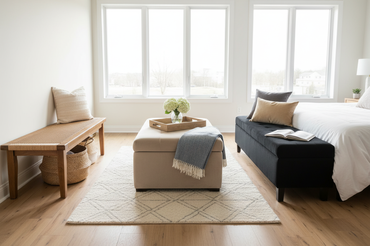 Modern bedroom bench styling with cozy pillows, storage baskets, and decor inspiration for bench for end of bed ideas