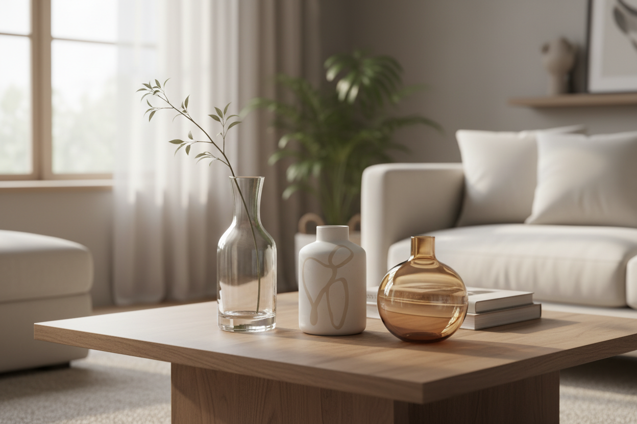 Modern decorative vase set displayed on a wooden coffee table in a stylish, light-filled living room
