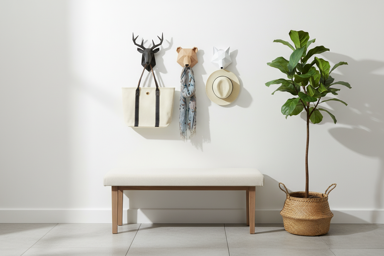 Geometric animal wall hooks organize bags and hats in a stylish modern entryway for home decor inspiration