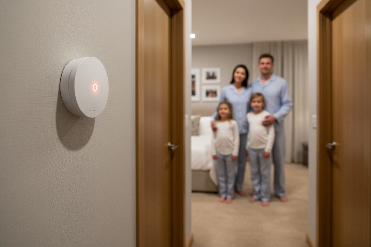 Modern 2 in 1 smoke and carbon monoxide alarm enhances family safety in stylish home hallway