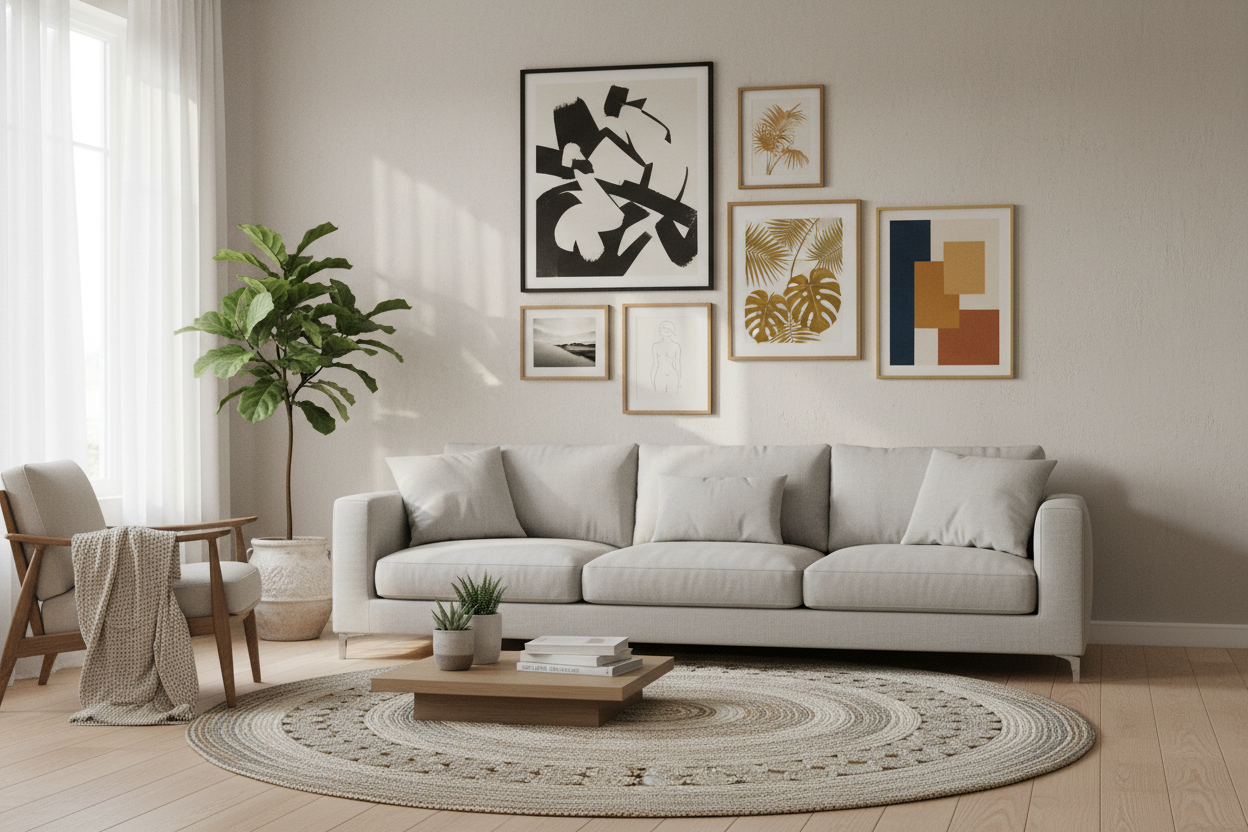 Modern living room with fine art prints for home decor creating a stylish and inviting atmosphere