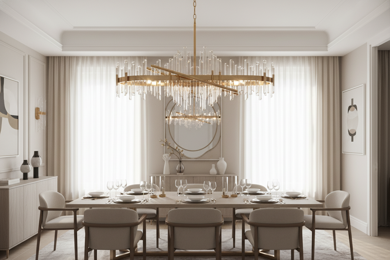 Elegant dining room featuring modern luxury lighting fixtures and contemporary decor for stylish home inspiration