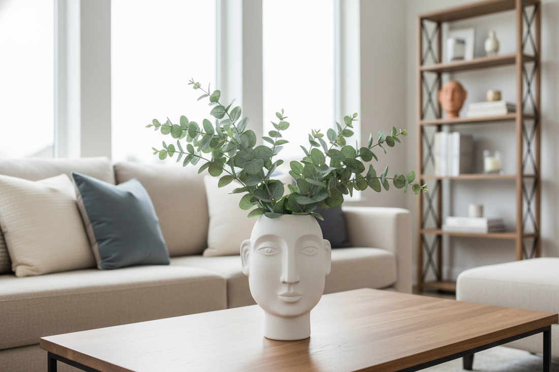 Modern living room with ceramic face vase decor featuring greenery on a wooden coffee table for stylish interiors