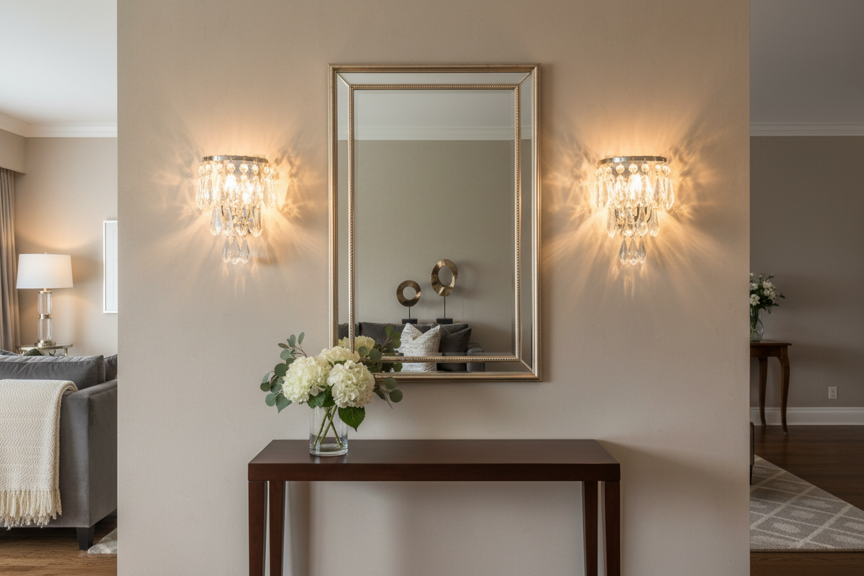 Elegant crystal wall sconce lighting enhances a modern entryway with warm, inviting ambiance and stylish decor inspiration