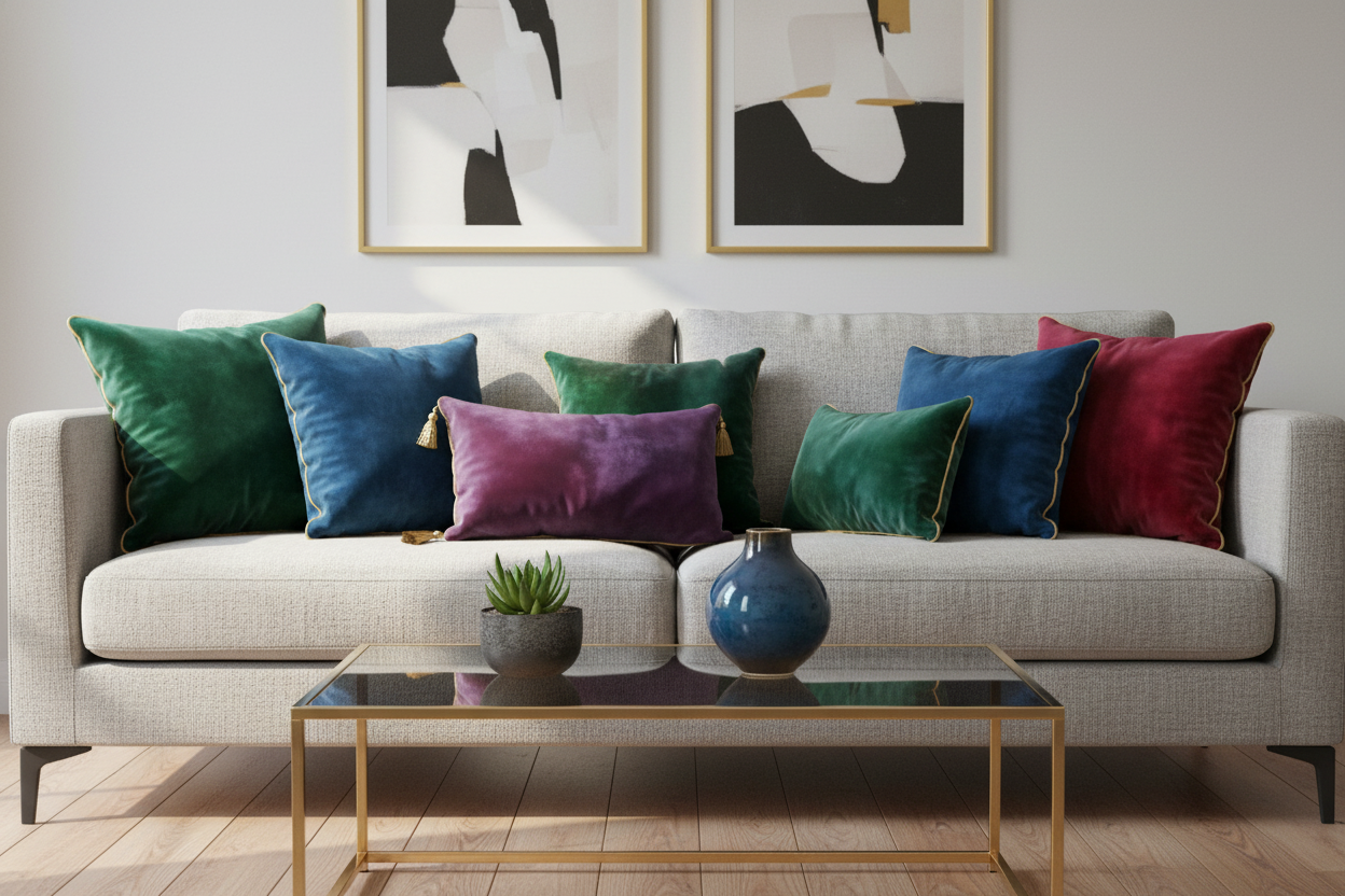 Modern living room styled with jewel tone throw pillows for a bold, affordable home decor update