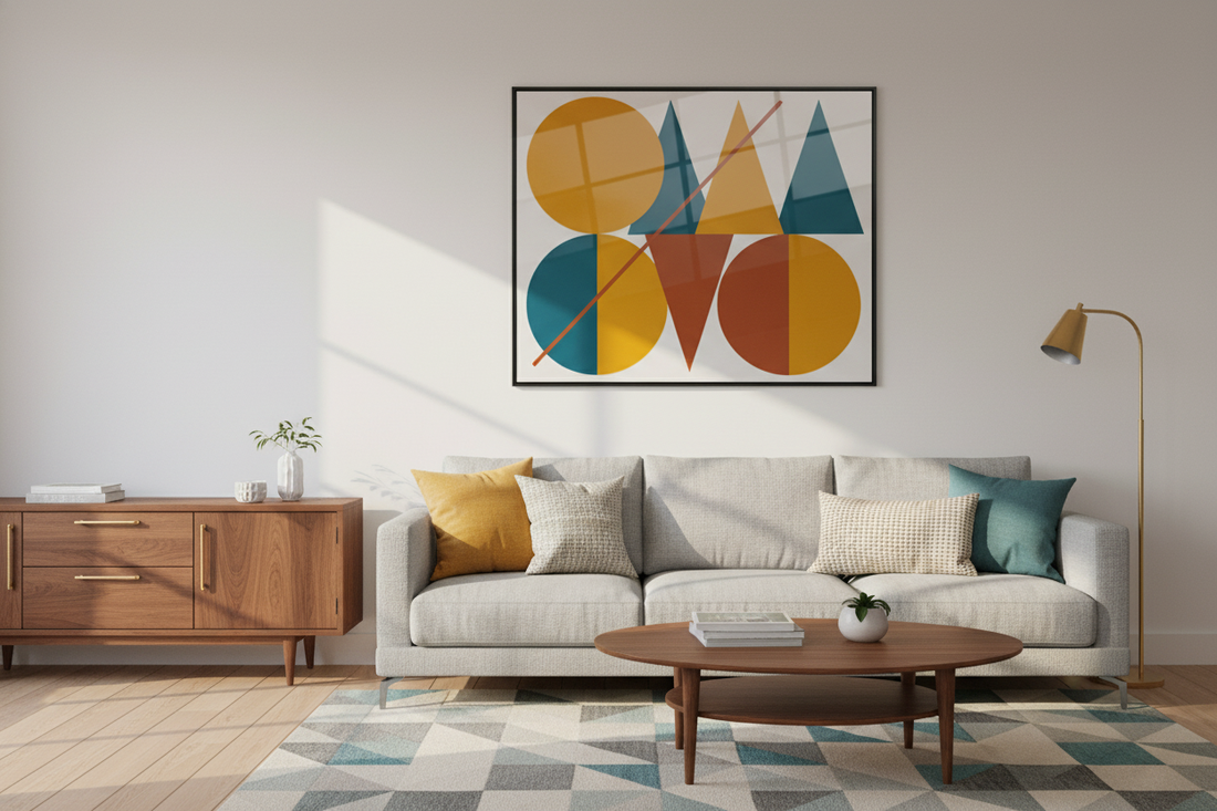 Mid-century modern wall art with bold geometric shapes above a stylish living room sofa for home decor inspiration
