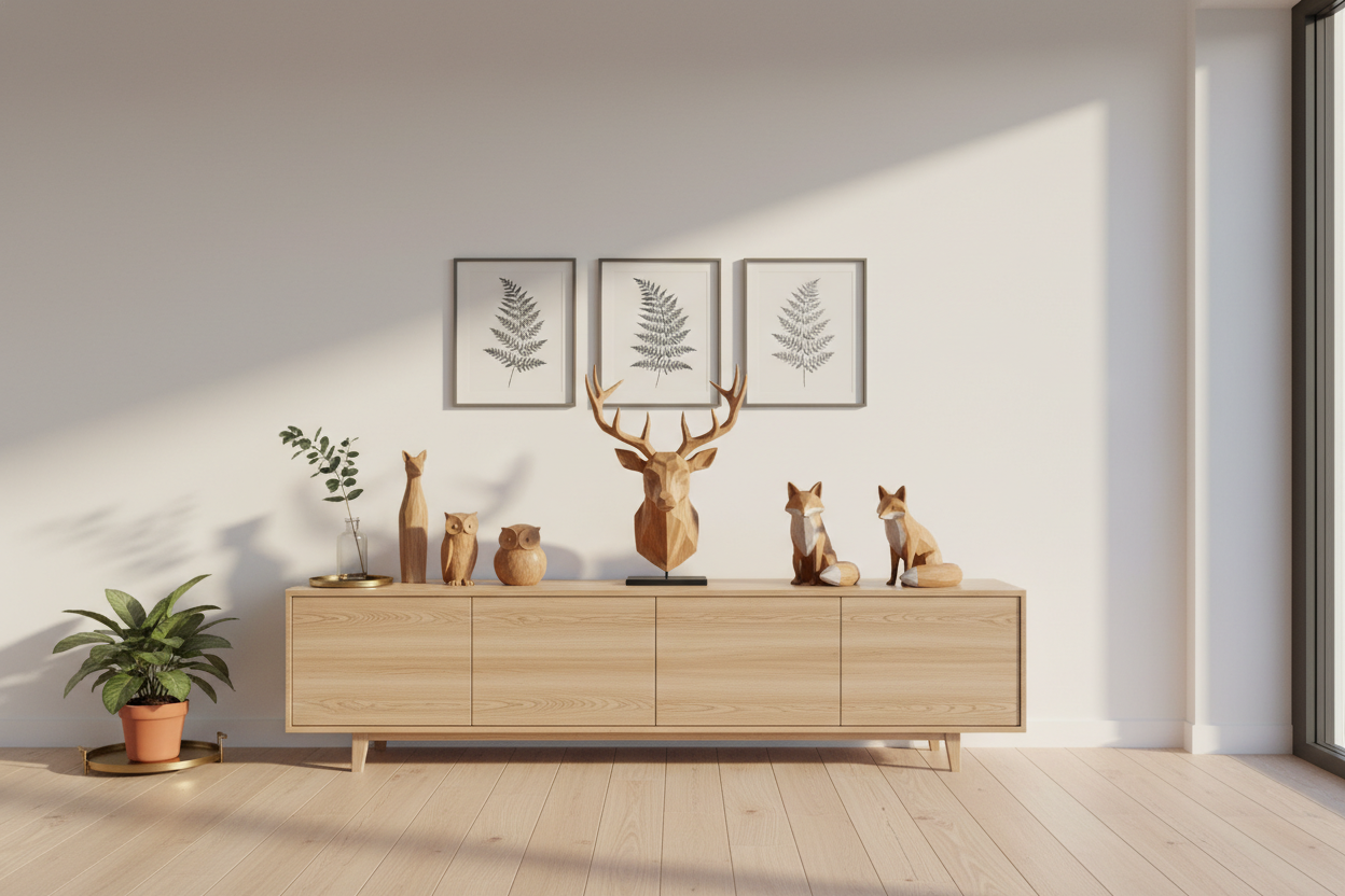 Modern living room sideboard decorated with stylish wooden animal carvings for unique home decor inspiration