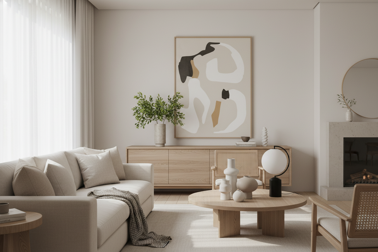 Modern living room with neutral tones and minimalist decor inspired by adeline tay for stylish home design