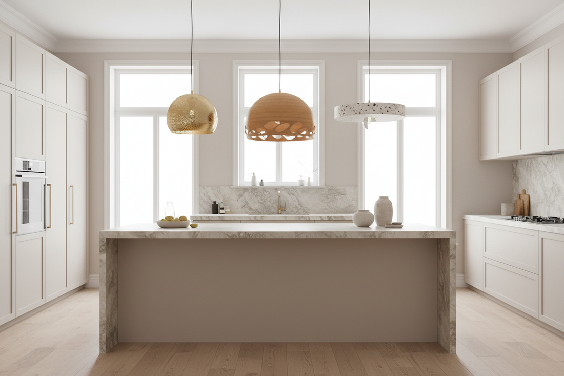 Modern kitchen island featuring three unique pendant lights for inspiration on how to choose pendant lighting