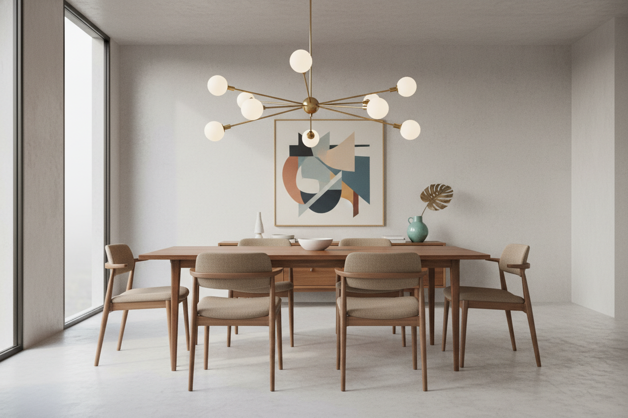 Modern dining room with sculptural pendant lights adding style to minimalist home decor