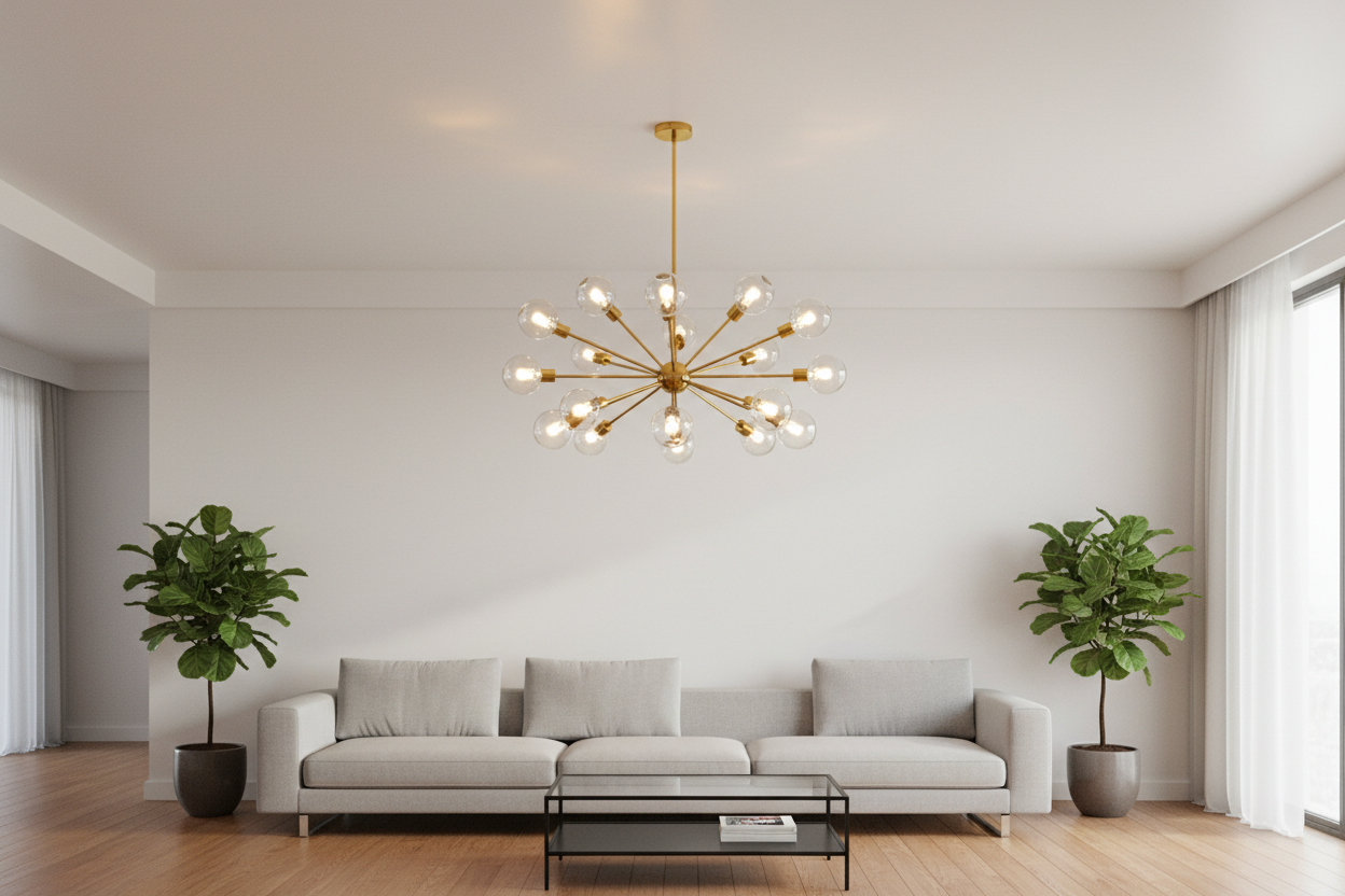 Modern living room with gold sputnik chandelier adding stylish lighting to minimalist home decor