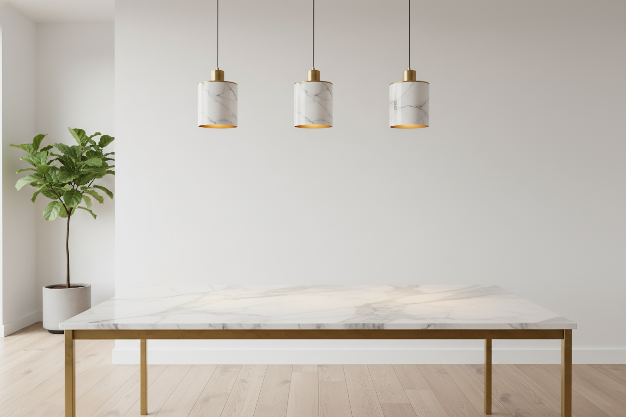 Modern dining room with marble pendant lighting above a marble table, perfect for stylish home decor