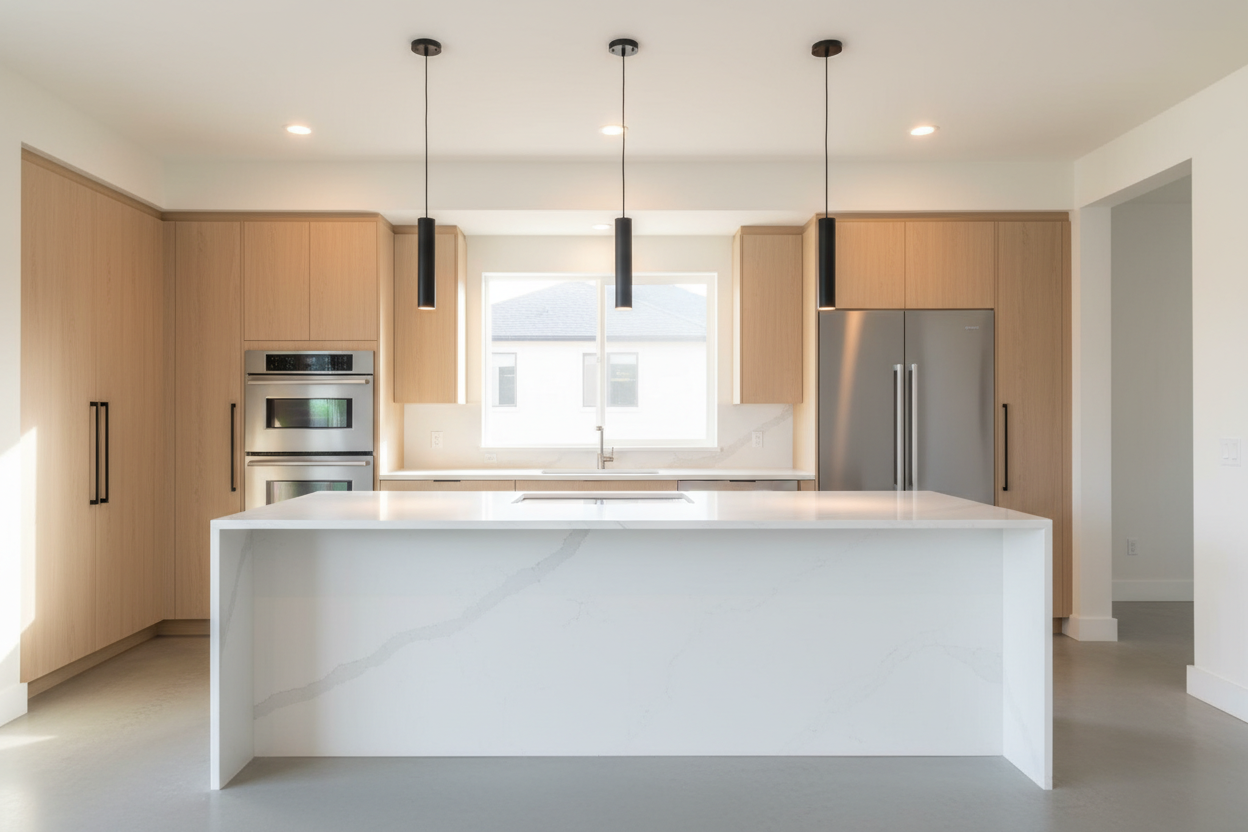 Modern kitchen with sleek minimalist pendant lights above a white island for contemporary home decor inspiration