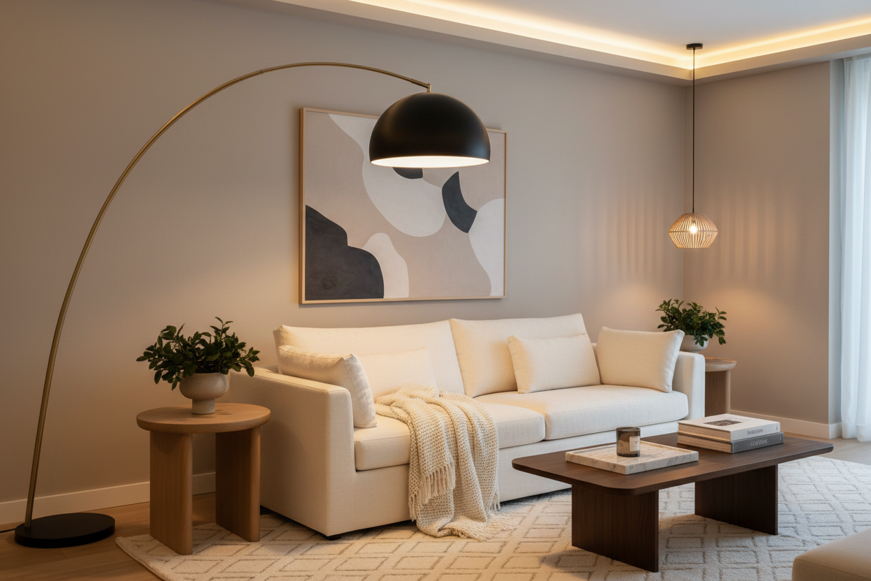 Modern living room with sculptural arc floor lamp and warm neutral tones — 2026 home refresh ideas