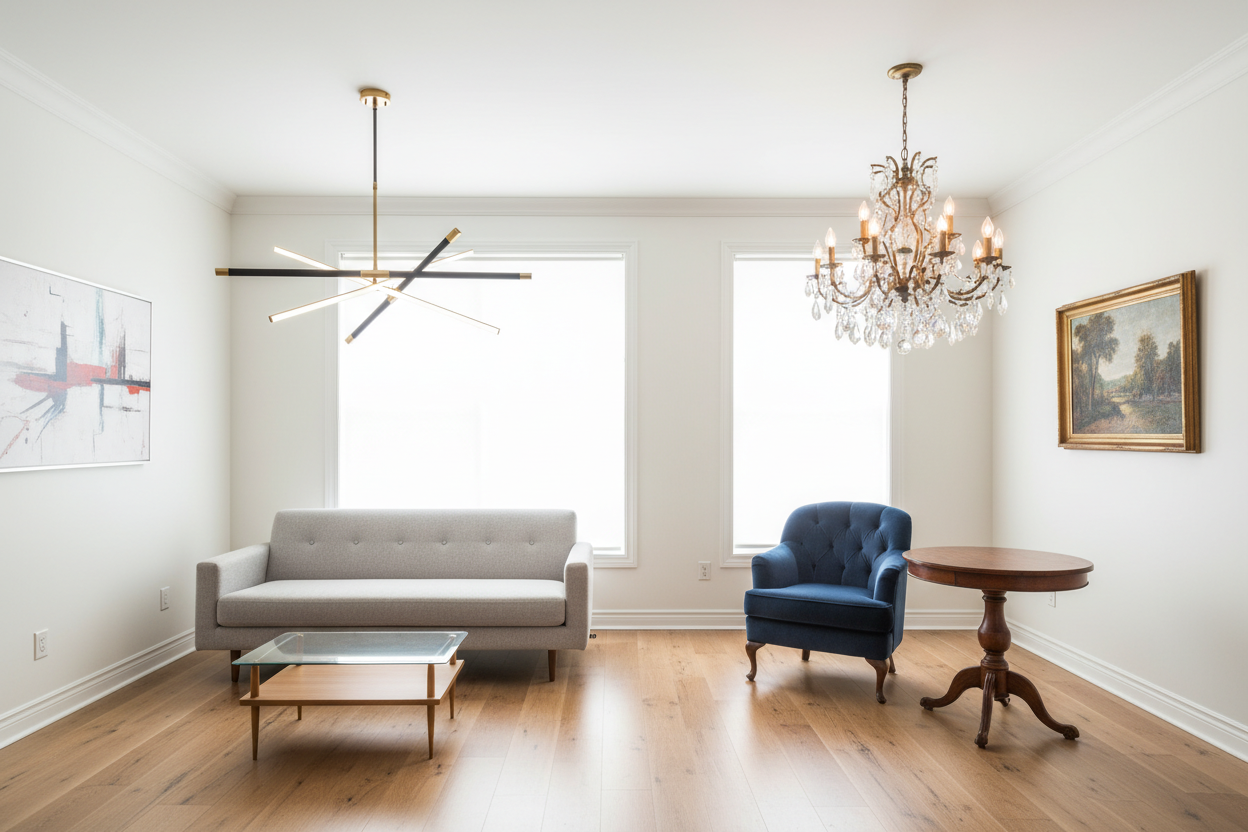 Modern lighting design ideas featuring a sleek pendant and crystal chandelier in a stylish living room