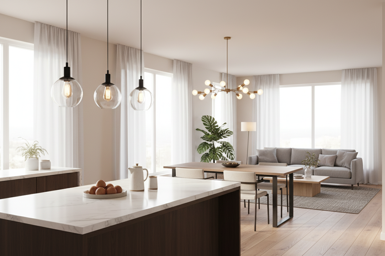 Modern kitchen with glass pendant lighting above island, perfect for stylish and affordable home decor ideas