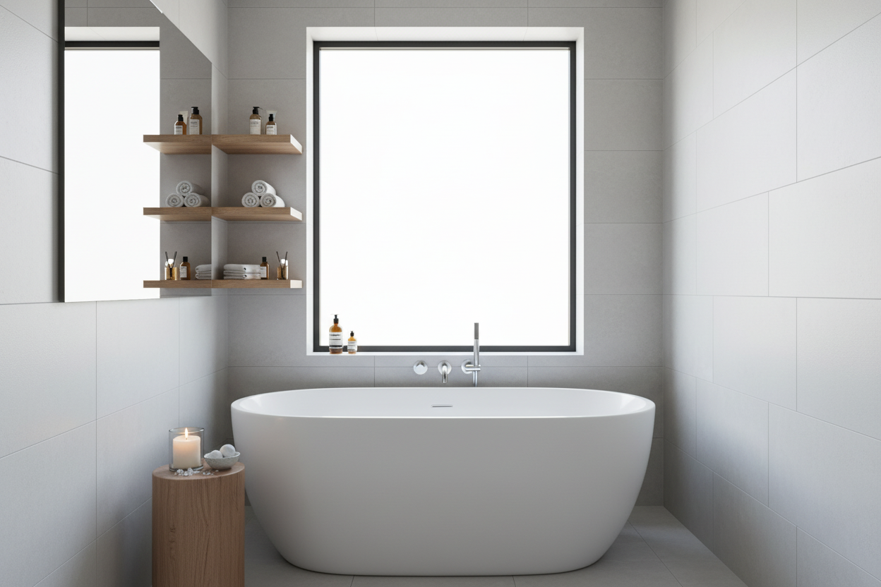 Modern bathroom showcasing small space, big luxury with a freestanding tub and minimalist decor ideas