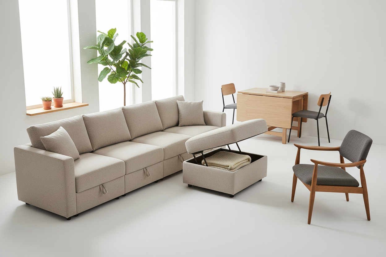 Modern living room featuring small space modular furniture with smart storage and multifunctional design ideas