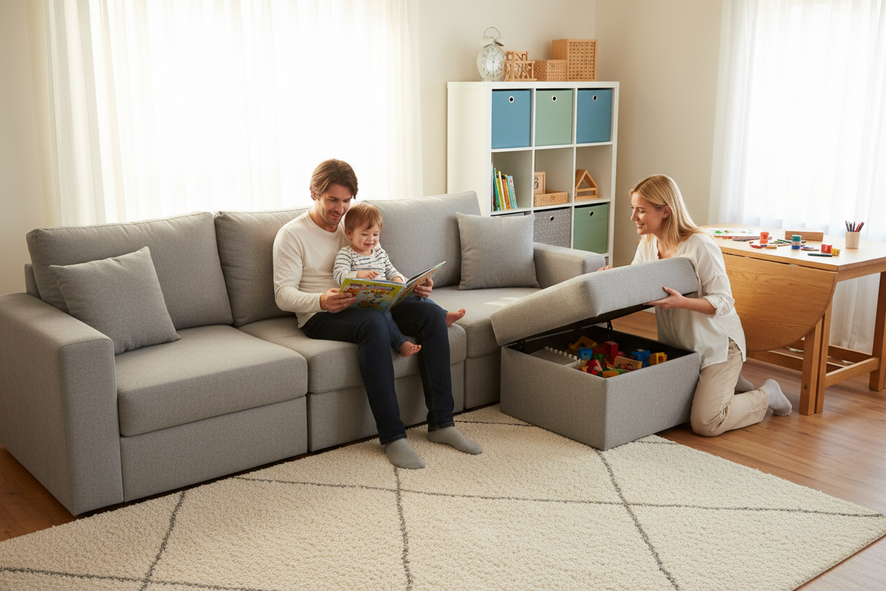 Family enjoying modular furniture with multi-functional storage ottoman in a bright, modern living room