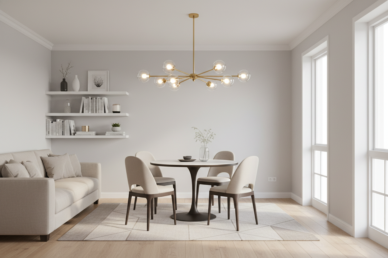 Modern chandeliers for home add elegant lighting to a minimalist dining and living room space