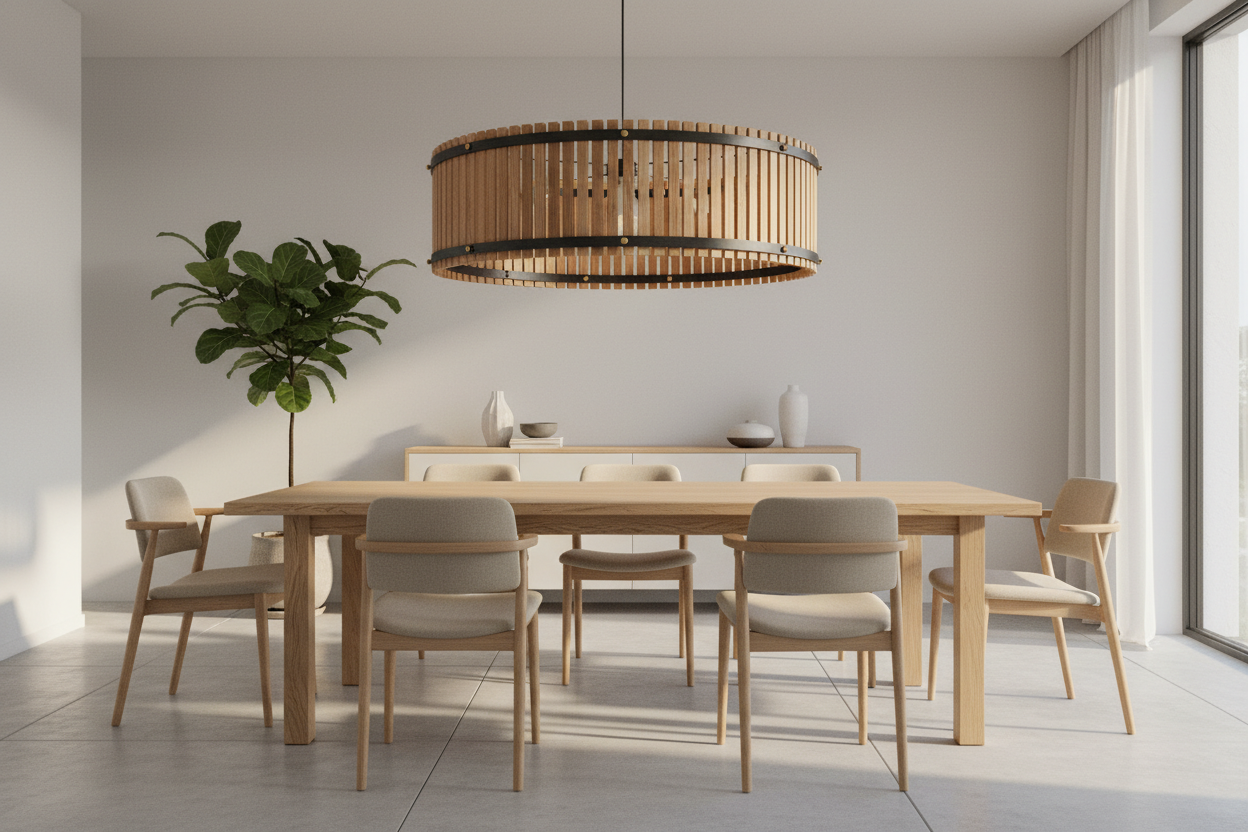 Modern dining room with wood and metal ceiling lamps for stylish, budget-friendly home decor inspiration